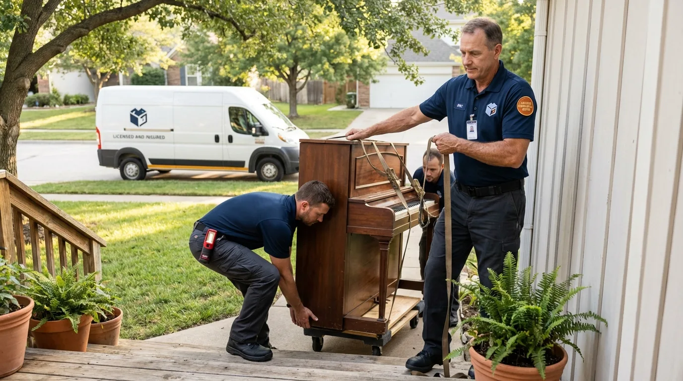 Licensed piano movers securing grand piano in Commerce, GA