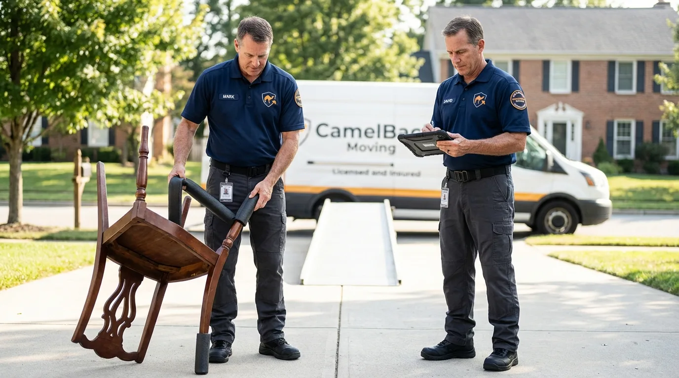 Movers inspecting furniture for damage prevention before loading in Commerce, GA